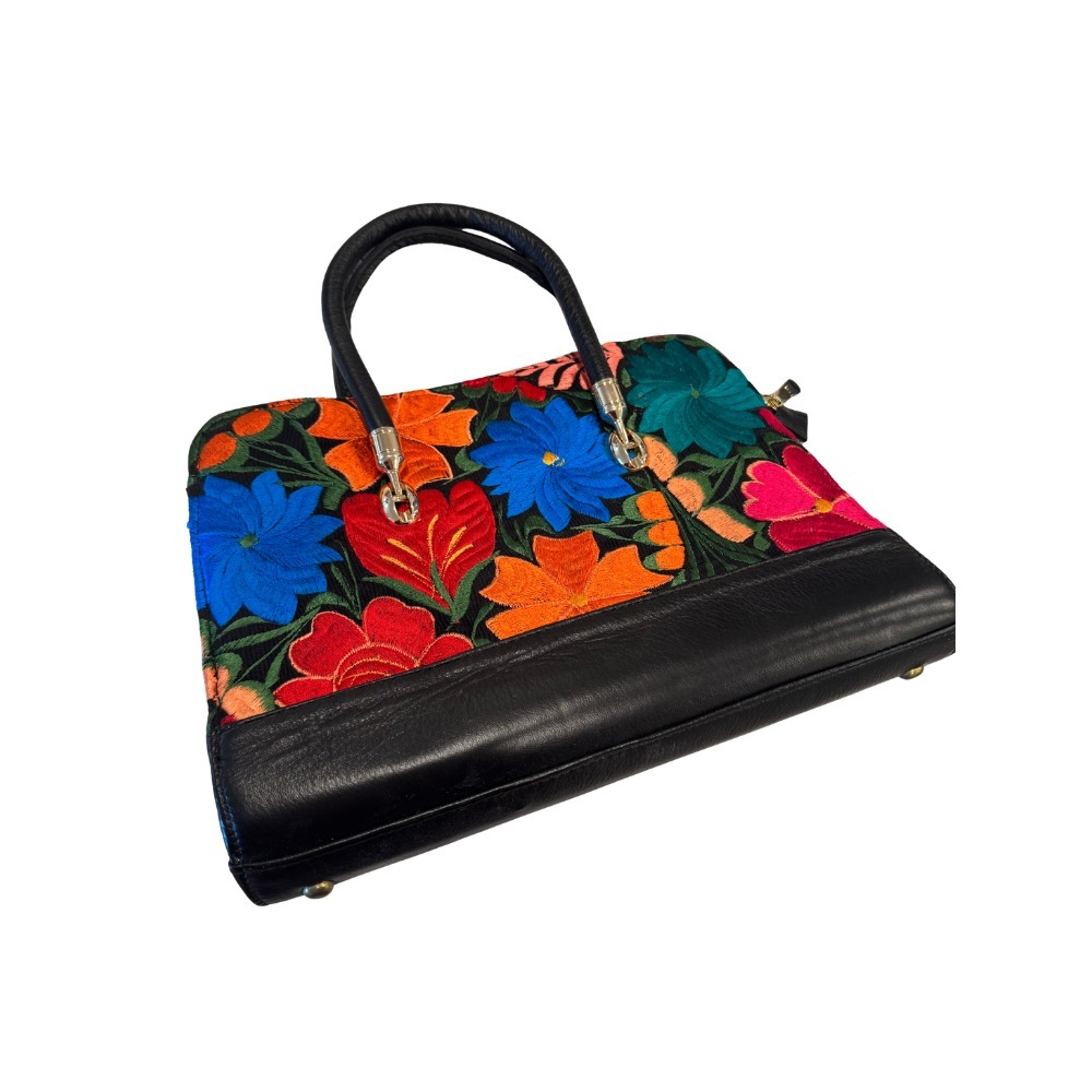Womens Handbag Black Floral Leather Mexican Handmade Twin‎ Top Handle Tote Bag
